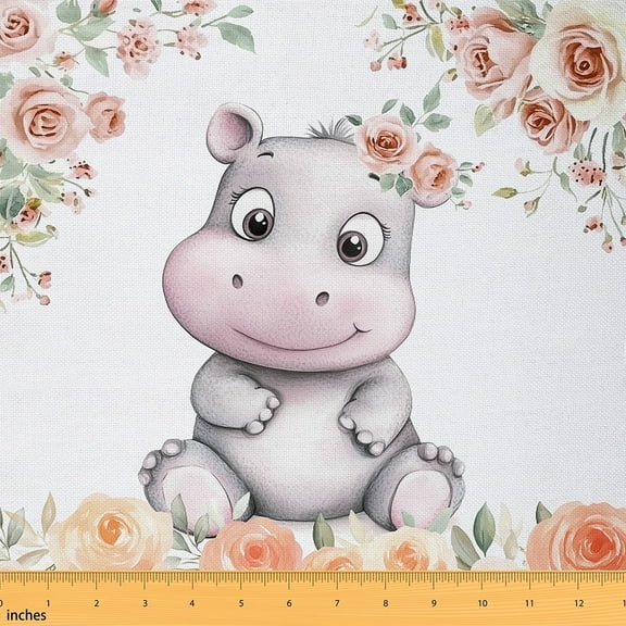 Feelyou Teens Hippo Fabric by the Yard 1 Yard, Farmhouse Rose Flower Room Decor Fabric by the Yard, Woodland Wildlife Fabric for Sewing, Luxury Bedroom Decor