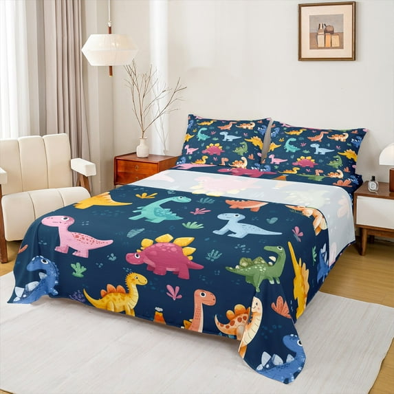 Feelyou Teens Kawaii Dinosaur Full Size Sheets, Cartoon Jungle Dino Bed Sheets, Cute Animal Theme Sheet Sets, Luxury Bedroom Decor, 4-Piece