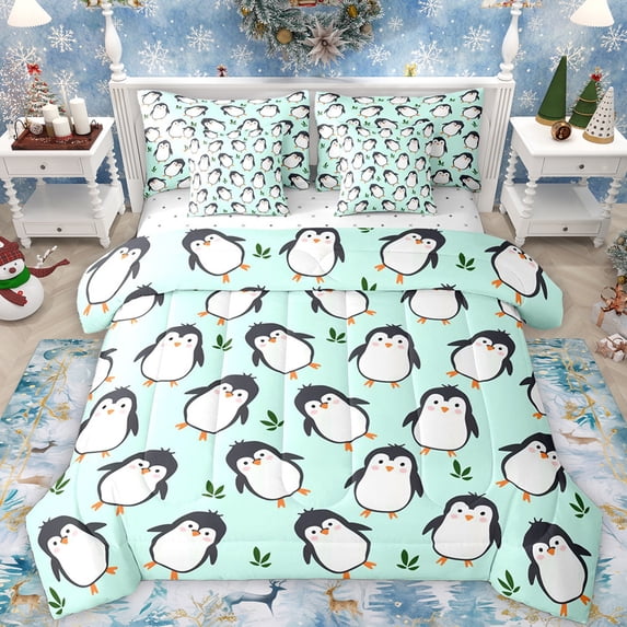 Feelyou Teens Kawaii Penguin Bedding Comforter Set 7pcs, Cute Cartoon Animal Queen Bedding Sets, Leaf Plant Botanical Reversible Queen Sheet Sets, Lightweight Room Decor