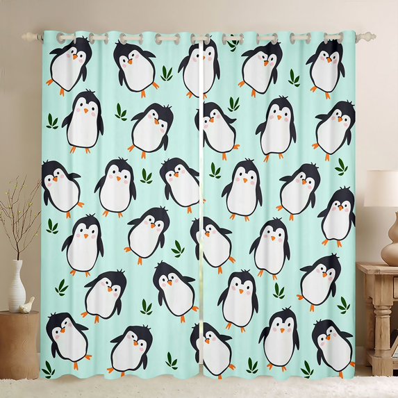 Feelyou Teens Kawaii Penguin Blackout Curtains Set of 2 (52x84 Each), Cute Cartoon Animal Window Curtains, Leaf Plant Botanical Curtains and Drapes, Blackout Curtains Room Decor
