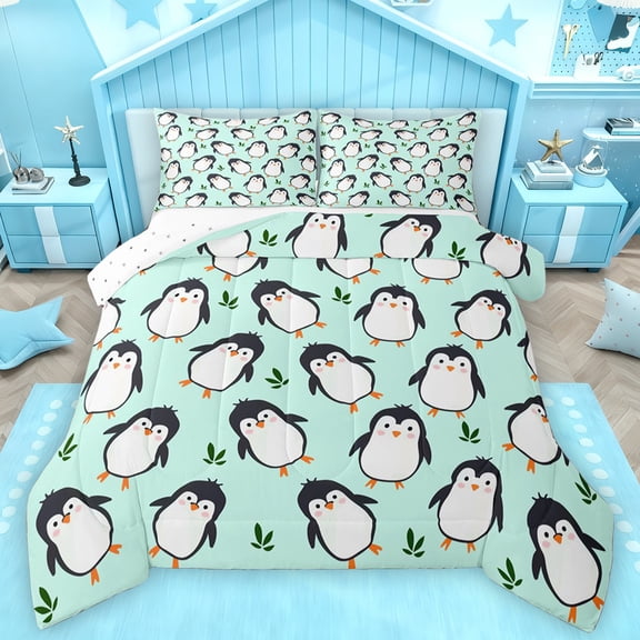 Feelyou Teens Kawaii Penguin Full Size Comforter Sets, Cute Cartoon Animal Bedding Comforter Set, Leaf Plant Botanical Reversible Bedding Sets, Lightweight Room Decor, 3pcs