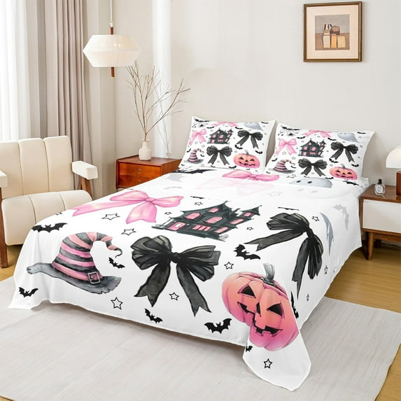 Feelyou Teens Kawaii Ribbon Full Size Sheets, Magic Castle Witch Hat Bed Sheets, Gothic Halloween Pumpkin Sheet Sets, Lightweight Room Decor, 4pcs