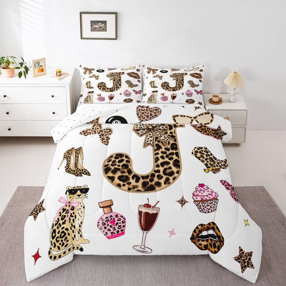 Feelyou Teens Leopard Print Twin Comforter Sets, Monogrammed J Bedding Set, 2-Piece