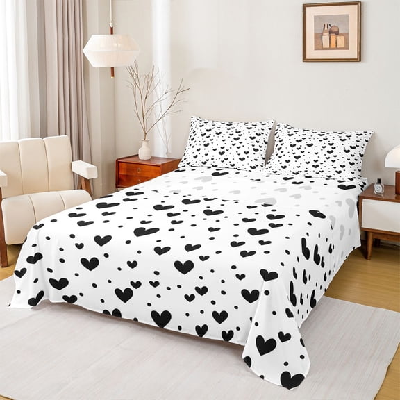Feelyou Teens Love Heart Bed Sheets, Kawaii Cartoon King Sheets, Polkadots White Black Sheet Set, Microfiber Bedroom Decor, 4pcs