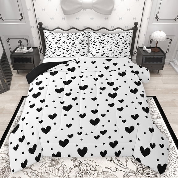 Feelyou Teens Love Heart Queen Comforter Set, Kawaii Cartoon Bedding Sets, Polkadots White Black Reversible Bedding Comforter Set, Microfiber Bedroom Decor, 3pcs