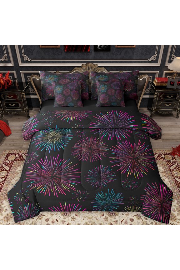 Teens Magic Firework Bedding Comforter Set 7pcs, Romantic Artwork King Bedding Sets, Dreamy Cartoon Style Reversible Bed Sheets, Luxury Bedroom Decor