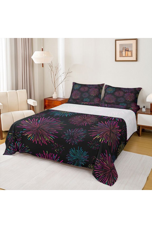Teens Magic Firework Queen Sheet Sets, Romantic Artwork Flat Sheet, Dreamy Cartoon Style Queen Fitted Sheet, Luxury Bedroom Decor, 4 Pieces