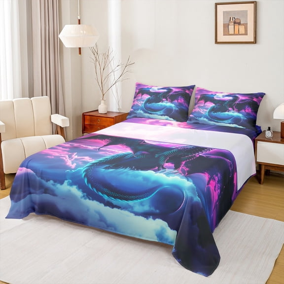 Feelyou Teens Magical Dragon Queen Sheet Sets, Western Animal Flat Sheet, Mystic Starry Sky Moon Queen Fitted Sheet, Super Cozy Room Decor, 4-Piece