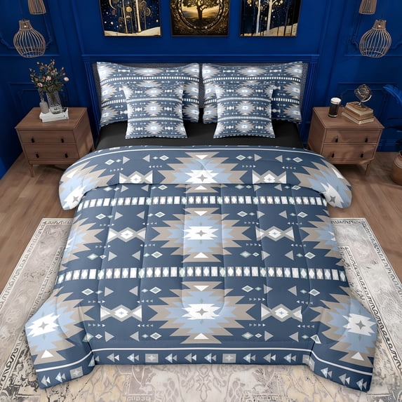 Feelyou Teens Mandala Aztec Bedding Comforter Set 7pcs, Hippie Western Fashion Queen Bedding Sets, Blue Grey Triangle Square Reversible Queen Sheet Sets, Breathable Home Decor
