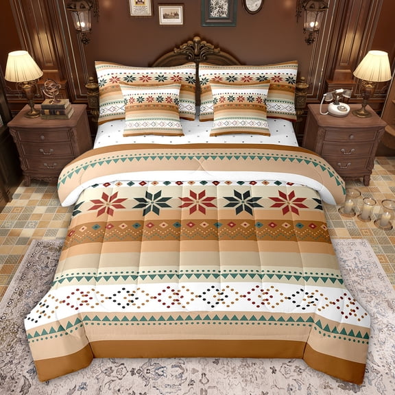 Feelyou Teens Mandala Aztec Bedding Comforter Set 7pcs, Tribal Western Fashion King Bedding Sets, Orange Triangle Abstract Reversible Bed Sheets, Super Cozy Room Decor