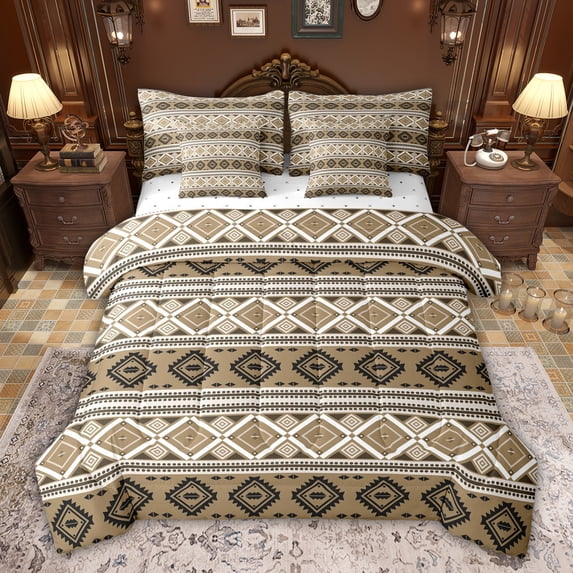 Feelyou Teens Mandala Aztec Twin Bedding Sets 7-Piece, Bohemian Western Fashion Bedding Comforter Set, Khaki Triangle Abstract Reversible Sheet Sets, Super Cozy Room Decor