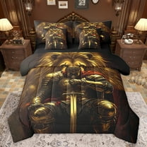 Feelyou Teens Medieval Knights Twin Bedding Sets 7-Piece, Cartoon Lion Animal Bedding Comforter Set, Western Warrior Reversible Sheet Sets, Microfiber Bedroom Decor