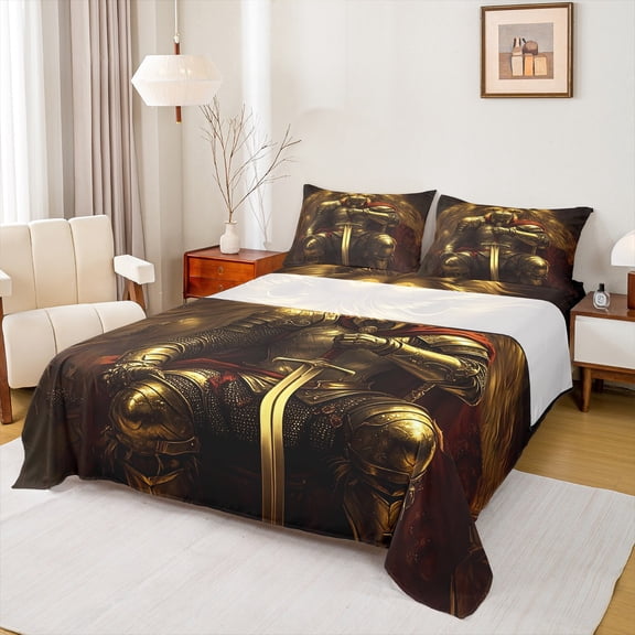 Feelyou Teens Medieval Knights Twin Sheet Sets, Cartoon Lion Animal Twin Fitted Sheet, Western Warrior Flat Sheet, Microfiber Bedroom Decor, 3pcs