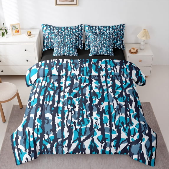 Feelyou Teens Camo Bedding Comforter Set 7pcs, Blue Black Stripe Queen Bedding Sets, Cartoon Theme Reversible Queen Sheet Sets, Super Cozy Room Decor