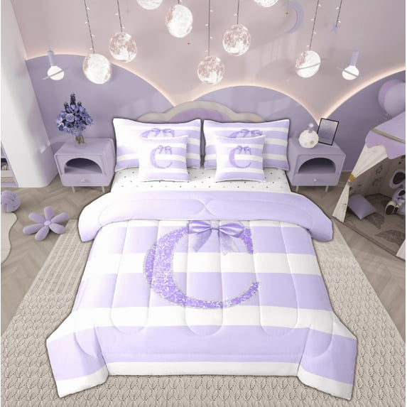 Feelyou Teens Monogrammed Bedding Comforter Set 7pcs, Initial C Letter Queen Bedding Sets, Kawaii Princess Bow Queen Sheet Sets, Breathable Home Decor