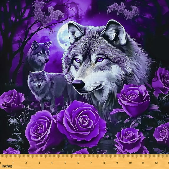 Feelyou Teens Moon Wolf Fabric by the Yard 10 Yards, Jungle Wildlife Animal Sewing Fabric, Dreamy Purple Rose Home Decor Fabric by the Yard, Microfiber Bedroom Decor