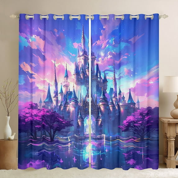 Feelyou Teens Mystic Castle Blackout Curtains Set of 2 (52x84 Each), Blue Purple Window Curtains, Dreamy Cherry Blossoms Curtains and Drapes, Living Room Curtains Decor