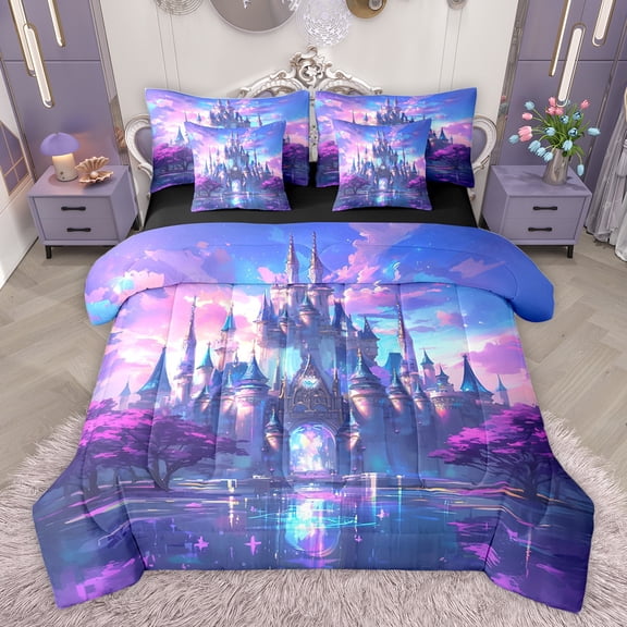 Feelyou Teens Mystic Castle Twin Bedding Sets 7-Piece, Blue Purple Bedding Comforter Set, Dreamy Cherry Blossoms Reversible Sheet Sets, Ultra Soft Bedroom Decor