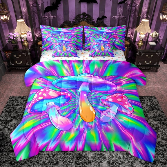Feelyou Teens Mystic Mushroom Bedding Comforter Set 7pcs, Watercolor Artwork Queen Bedding Sets, Plant Botanical Reversible Queen Sheet Sets, Microfiber Bedroom Decor