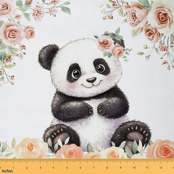 Feelyou Teens Panda Fabric by the Yard 2 Yards, Farmhouse Rose Flower Sewing Fabric, Woodland Wildlife Home Decor Fabric by the Yard, Microfiber Bedroom Decor