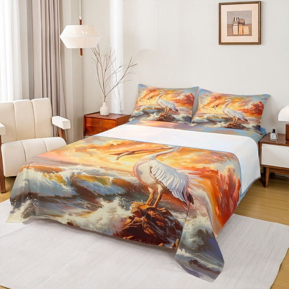 Feelyou Teens Pelicans Wildlife Bed Sheets, Summer Beach Marine King Sheets, 4pcs