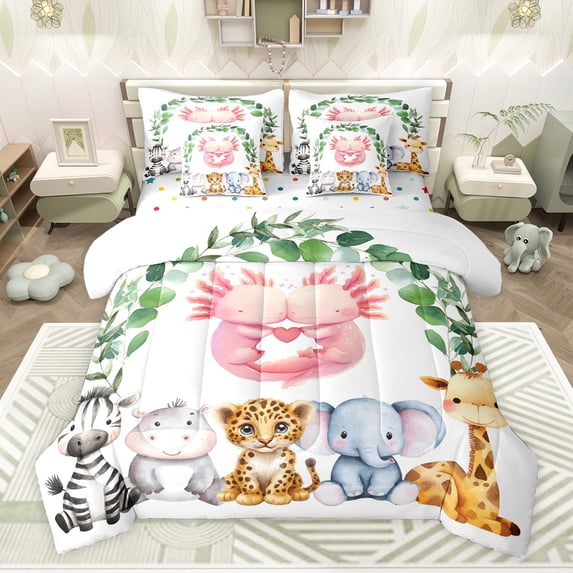 Feelyou Teens Pink Axolotl Bedding Comforter Set 7pcs, Cartoon Zoo Animal King Bedding Sets, Kawaii Giraffe Zebra Reversible Bed Sheets, Microfiber Bedroom Decor