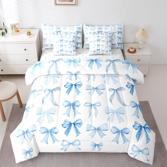 Feelyou Teens Princess Bow-tie Bedding Comforter Set 7-Piece, Blue Cartoon Ribbon King Bedding Sets, Fairy Tale Reversible Bed Sheets, Ultra Soft Home Decor