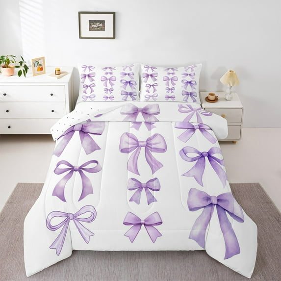 Feelyou Teens Princess Bow-tie Bedding Comforter Set, Purple Cartoon Ribbon Twin Comforter Sets, Fairy Tale Reversible Bedding Set, Microfiber Bedroom Decor, 2 Pieces