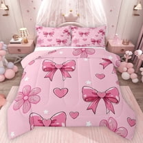 Feelyou Teens Princess Bowknot Bedding Comforter Set, Girly Pink Love Heart Twin Comforter Sets, Cherry Blossoms Floral Reversible Bedding Set, Breathable Home Decor, 2pcs