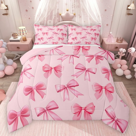 Feelyou Teens Princess Bowknot Queen Comforter Set, Girly Pink Love Heart Bedding Sets, Cherry Blossoms Floral Reversible Bedding Comforter Set, Ultra Soft Bedroom Decor, 3 Pieces