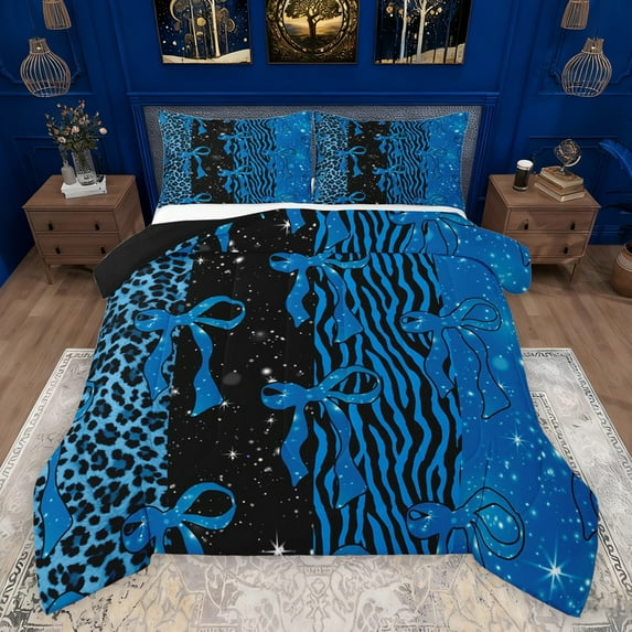 Feelyou Teens Princess Ribbon Bedding Comforter Set, Fashion Bowknot Bow-tie Blue Twin Comforter Sets, Leopard Cheetah Print Reversible Bedding Set, Breathable Home Decor, 2 Pieces