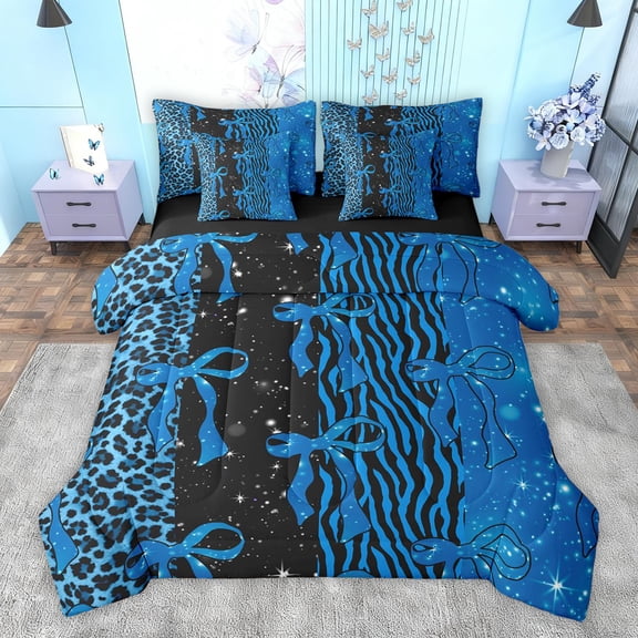 Feelyou Teens Princess Ribbon Twin Bedding Sets 7-Piece, Fashion Bowknot Bow-tie Blue Bedding Comforter Set, Leopard Cheetah Print Reversible Sheet Sets, Breathable Home Decor