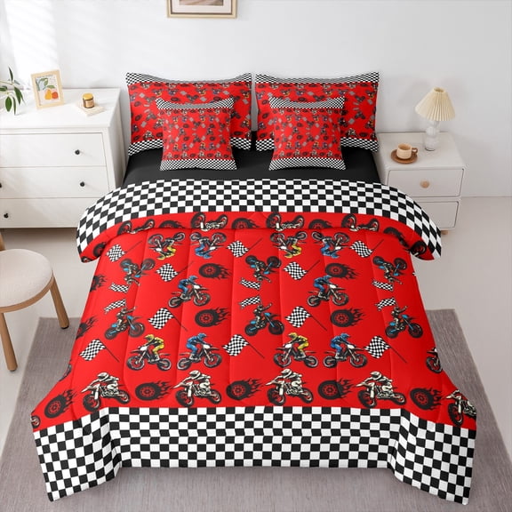 Feelyou Teens Red Dirt Bike Bedding Comforter Set 7-Piece, Motorcycle Extreme Sport King Bedding Sets, Black White Buffalo Reversible Bed Sheets, Luxury Bedroom Decor