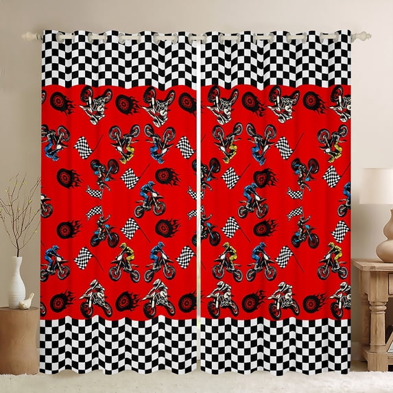 Feelyou Teens Red Dirt Bike Curtains Pack of 2 (42x84 Each), Motorcycle Extreme Sport Curtains Blackout, Black White Buffalo Bedroom Curtains, Black Out Curtains Decor