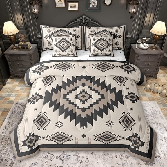 Feelyou Teens Retro Aztec Bedding Comforter Set 7pcs, Tribal Western Fashion King Bedding Sets, Beige Grey Triangle Abstract Reversible Bed Sheets, Microfiber Bedroom Decor