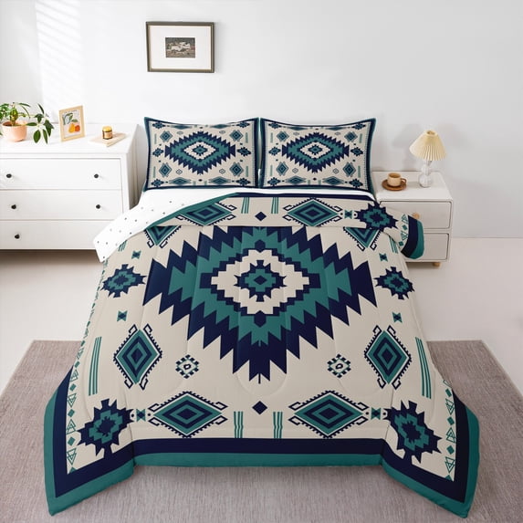 Feelyou Teens Retro Aztec Bedding Comforter Set, Tribal Western Fashion Twin Comforter Sets, Grey Blue Triangle Abstract Reversible Bedding Set, Ultra Soft Bedroom Decor, 2pcs