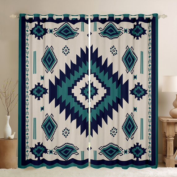 Feelyou Teens Retro Aztec Black Out Curtains, Tribal Western Fashion Curtains Pack of 2 (42x63 Each), Grey Blue Triangle Abstract Bedroom Curtains, Living Room Curtains Decor