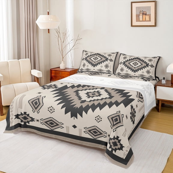 Feelyou Teens Retro Aztec Full Size Sheets, Tribal Western Fashion Bed Sheets, Beige Grey Triangle Abstract Sheet Sets, Microfiber Bedroom Decor, 4 Pieces
