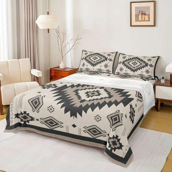 Feelyou Teens Retro Aztec Queen Sheet Sets, Tribal Western Fashion Flat Sheet, Beige Grey Triangle Abstract Queen Fitted Sheet, Microfiber Bedroom Decor, 4 Pieces