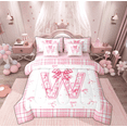 thumbnail image 1 of Feelyou Teens Ribbon Monogrammed Bedding Comforter Set 7-Piece, Pink Initial Letter W King Bedding Sets, Cartoon Cute Plaid Reversible Bed Sheets, Lightweight Room Decor, 1 of 7