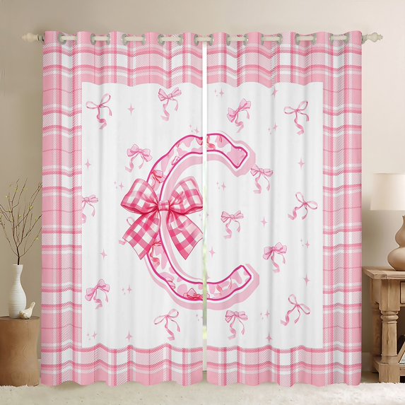 Feelyou Teens Ribbon Monogrammed Black Out Curtains, Pink Initial Letter C Curtains Pack of 2 (42x63 Each), Cartoon Cute Plaid Bedroom Curtains, Blackout Curtains Bedroom Decor