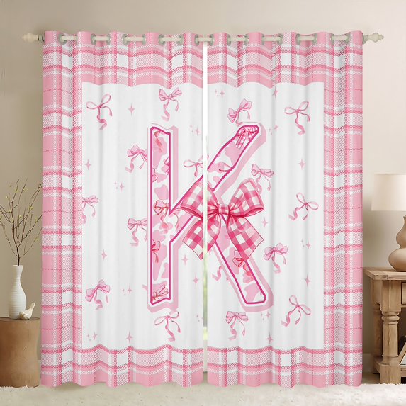 Feelyou Teens Ribbon Monogrammed Black Out Curtains, Pink Initial Letter K Curtains Pack of 2 (42x63 Each), Cartoon Cute Plaid Bedroom Curtains, Blackout Curtains Room Decor