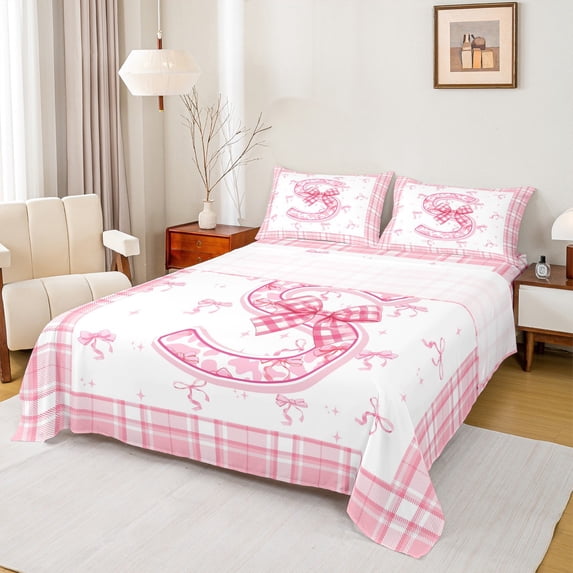 Feelyou Teens Ribbon Monogrammed Queen Sheet Sets, Pink Initial Letter S Flat Sheet, Cartoon Cute Plaid Queen Fitted Sheet, Ultra Soft Home Decor, 4-Piece