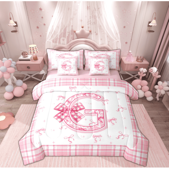 Feelyou Teens Ribbon Monogrammed Twin Bedding Sets 7-Piece, Pink Initial Letter G Bedding Comforter Set, Cartoon Cute Plaid Reversible Sheet Sets, Ultra Soft Home Decor