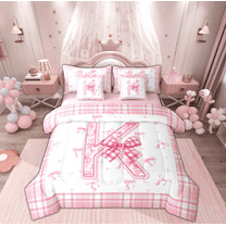 Feelyou Teens Ribbon Monogrammed Twin Bedding Sets 7-Piece, Pink Initial Letter K Bedding Comforter Set, Cartoon Cute Plaid Reversible Sheet Sets, Lightweight Room Decor