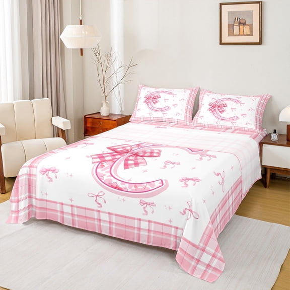 Feelyou Teens Ribbon Monogrammed Twin Sheet Sets, Pink Initial Letter C Twin Fitted Sheet, Cartoon Cute Plaid Flat Sheet, Microfiber Bedroom Decor, 3pcs
