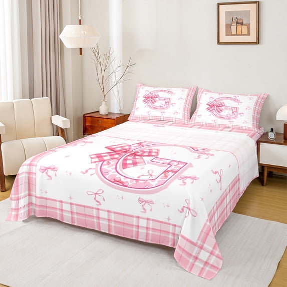 Feelyou Teens Ribbon Monogrammed Twin Sheet Sets, Pink Initial Letter G Twin Fitted Sheet, Cartoon Cute Plaid Flat Sheet, Ultra Soft Home Decor, 3-Piece