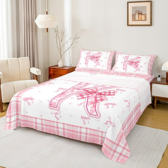 Feelyou Teens Ribbon Monogrammed Twin Sheet Sets, Pink Initial Letter K Twin Fitted Sheet, Cartoon Cute Plaid Flat Sheet, Lightweight Room Decor, 3 Pieces
