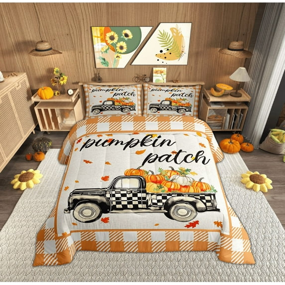 Feelyou Teens Rustic Truck Queen Comforter Set, Fall Maple Leaf Bedding Sets, Cartoon Buffalo Plaid Bedding Comforter Set, Lightweight Room Decor, 3 Pieces
