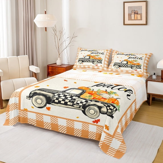 Feelyou Teens Rustic Truck Twin Sheet Sets, Fall Maple Leaf Twin Fitted Sheet, Cartoon Buffalo Plaid Flat Sheet, Lightweight Room Decor, 3 Pieces
